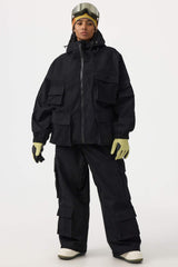 Chaqueta de nieve de pana impermeable de color rojo ladrillo con mangas de murciélago y bolsillo grande para mujer