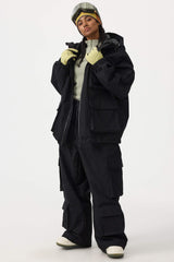 Chaqueta de nieve de pana impermeable de color rojo ladrillo con mangas de murciélago y bolsillo grande para mujer