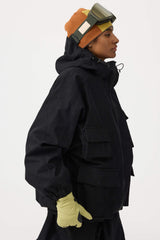 Chaqueta de nieve de pana negra impermeable con mangas de murciélago y bolsillo grande para mujer