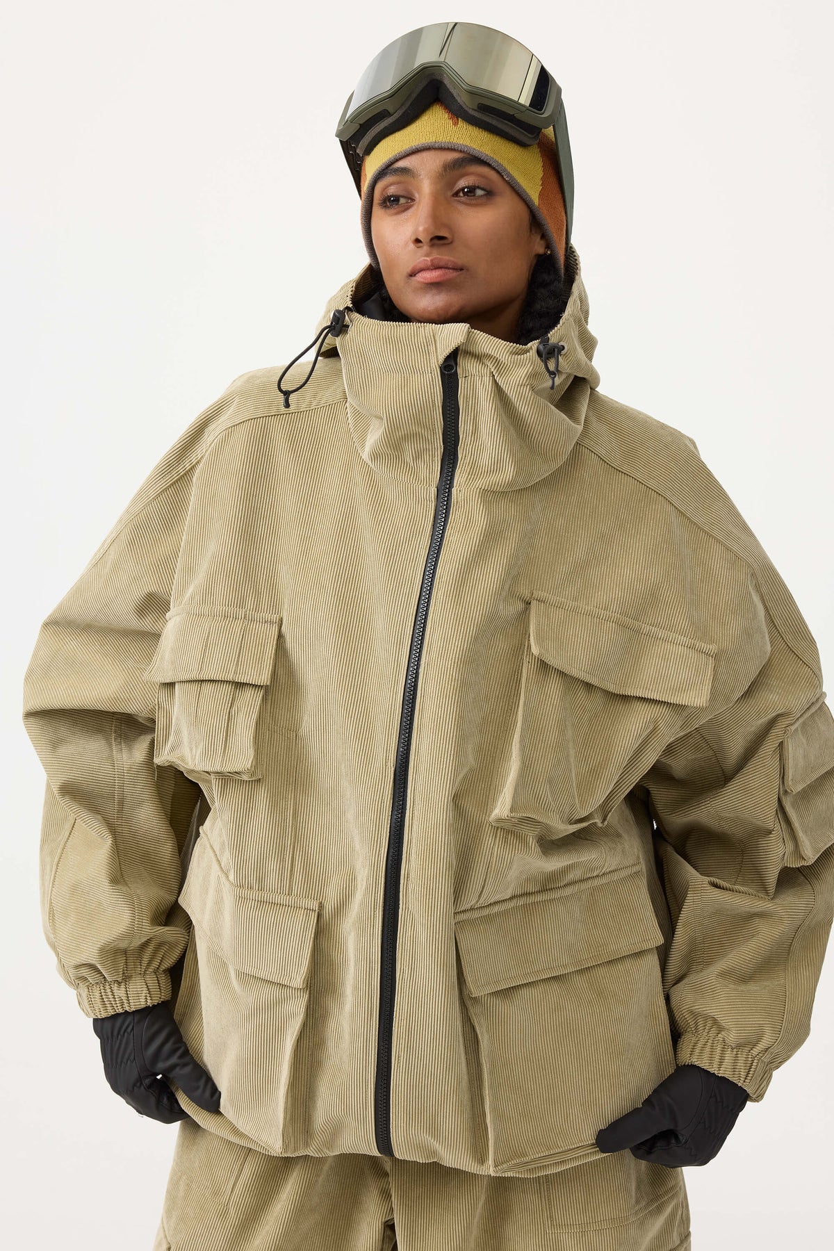 Chaqueta de nieve de pana impermeable de color caqui con mangas de murciélago y bolsillo grande para mujer