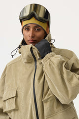 Chaqueta de nieve de pana negra impermeable con mangas de murciélago y bolsillo grande para mujer