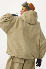 Chaqueta de nieve de pana impermeable con mangas de murciélago y bolsillo grande para mujer en color blanco roto