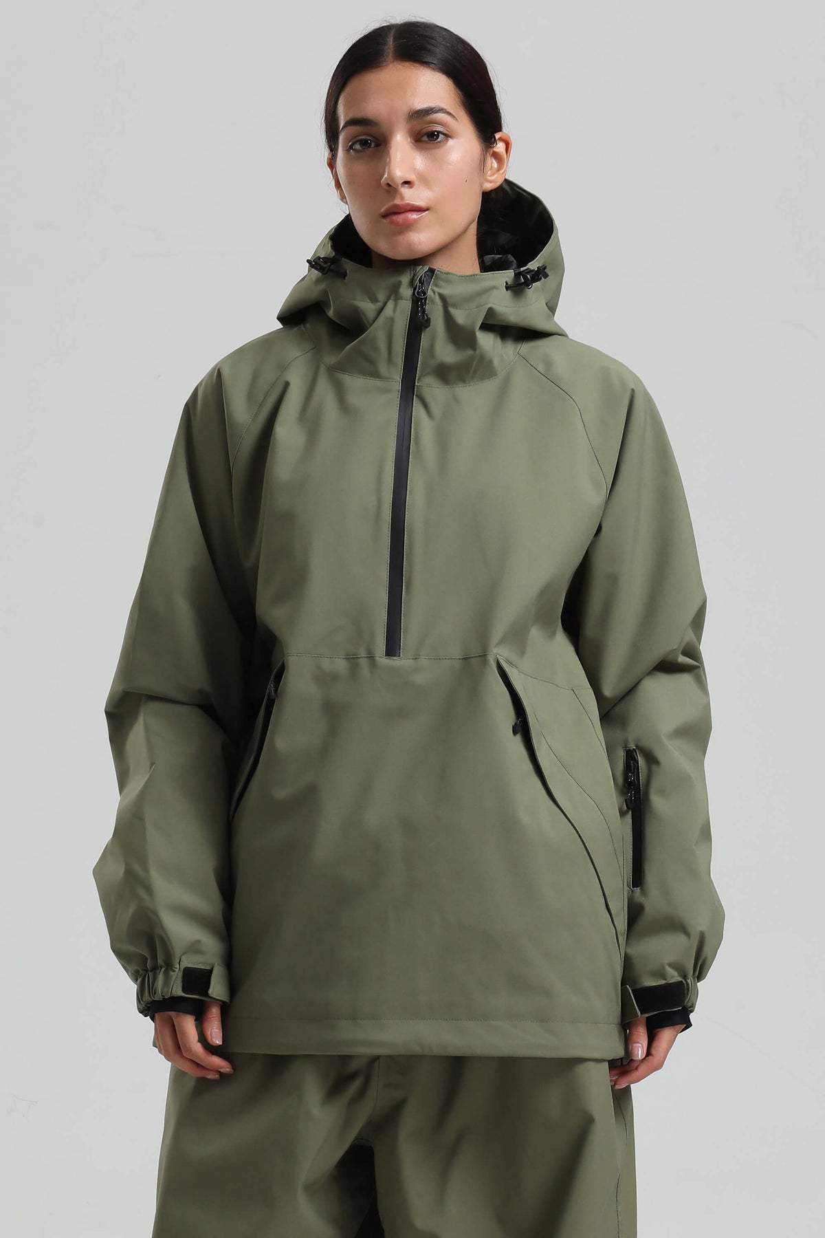 Women's Army Green Minimalist Half-Zip Waterproof Insulated Snow Anorak