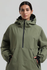 Women's Army Green Minimalist Half-Zip Waterproof Insulated Snow Anorak