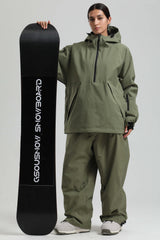 Women's Army Green Minimalist Half-Zip Waterproof Insulated Snow Anorak