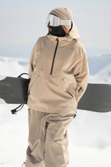 Women's Khaki Minimalist Half-Zip Waterproof Insulated Snow Anorak