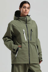 Women's Khaki Contrast-Zip Fully Sealed Waterproof Insulated Snow Jacket