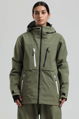 Women's Khaki Contrast-Zip Fully Sealed Waterproof Insulated Snow Jacket