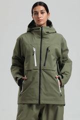 Women's Army Green Contrast-Zip Fully Sealed Waterproof Insulated Snow Jacket