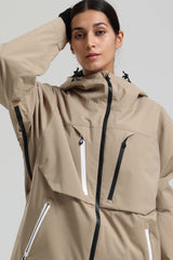 Women's Khaki Contrast-Zip Fully Sealed Waterproof Insulated Snow Jacket