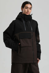 Women's Black & Coffee Asym-Zip Utility Pocket Waterproof Snow Jacket