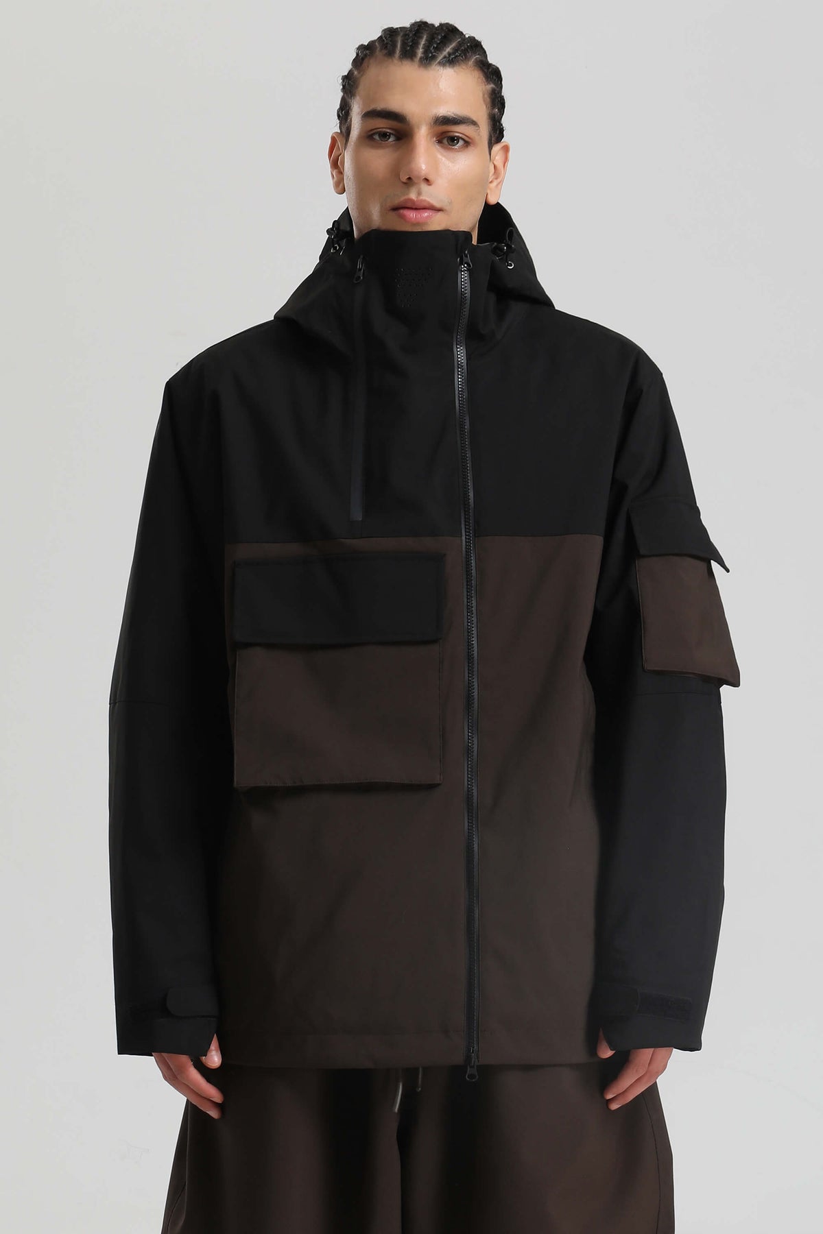 Men's Black & Coffee Asym-Zip Utility Pocket Waterproof Snow Jacket