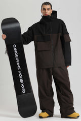 Men's Black & Coffee Asym-Zip Utility Pocket Waterproof Snow Jacket