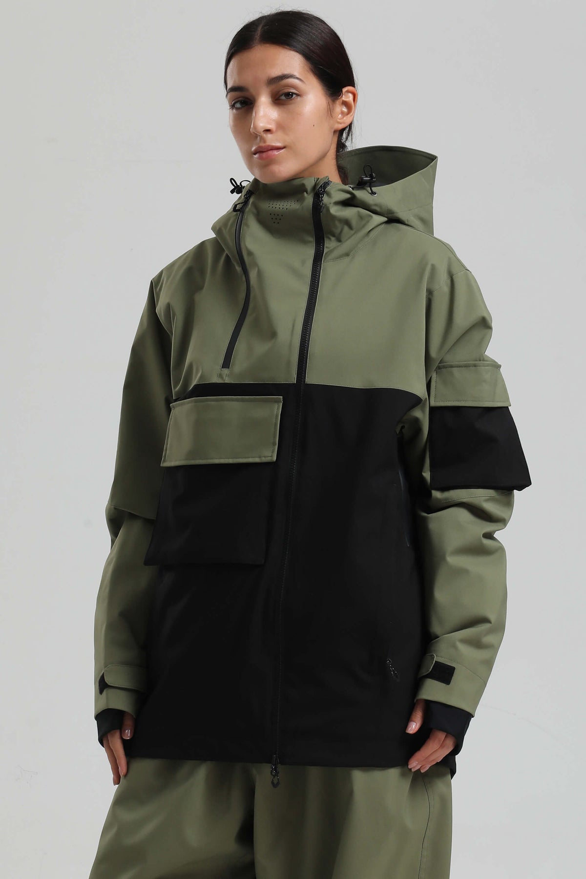 Women's Green & Black Asym-Zip Utility Pocket Waterproof Snow Jacket