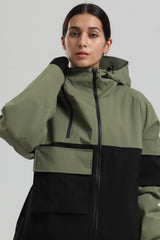Women's Green & Black Asym-Zip Utility Pocket Waterproof Snow Jacket