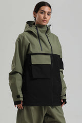 Women's Green & Black Asym-Zip Utility Pocket Waterproof Snow Jacket