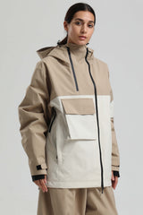 Women's Khaki & White Asym-Zip Utility Pocket Waterproof Snow Jacket