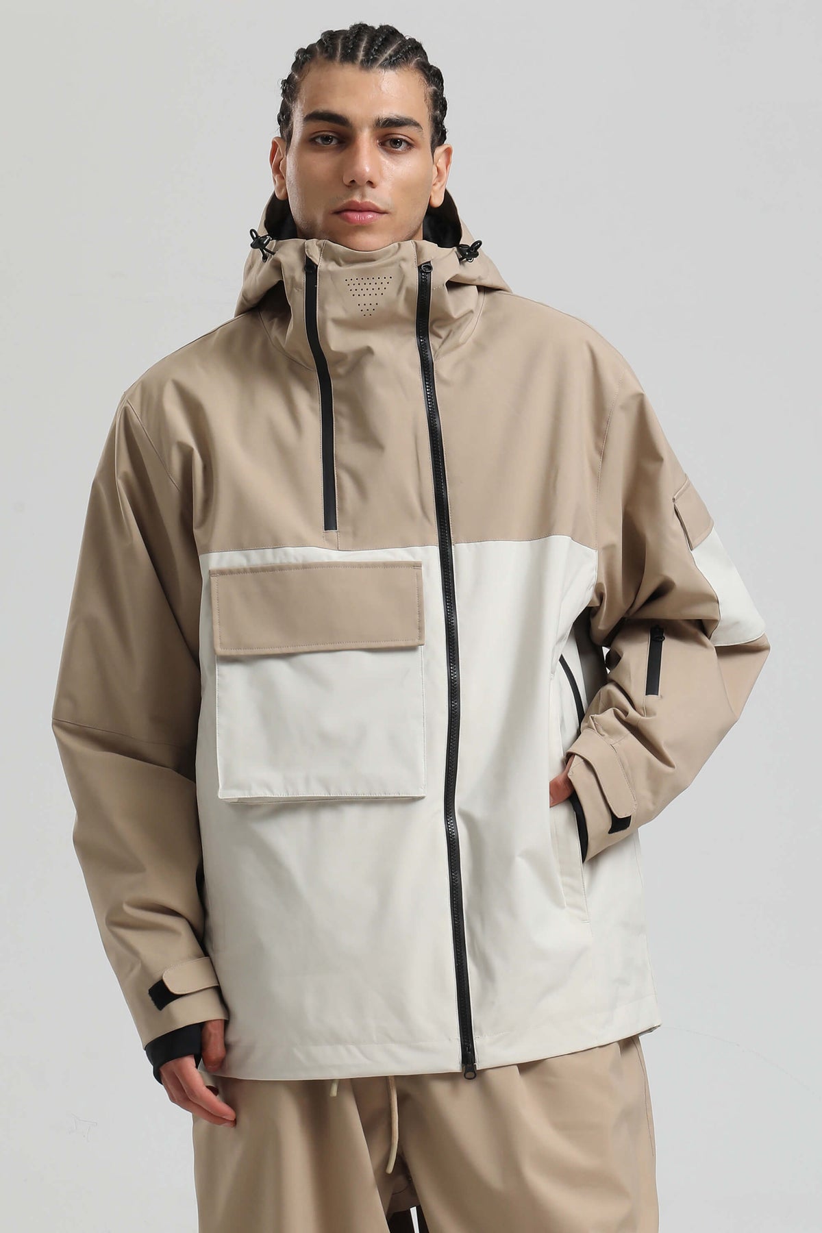 Men's Khaki & White Asym-Zip Utility Pocket Waterproof Snow Jacket