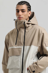 Men's Khaki & White Asym-Zip Utility Pocket Waterproof Snow Jacket