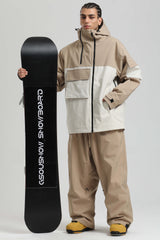 Men's Khaki & White Asym-Zip Utility Pocket Waterproof Snow Jacket
