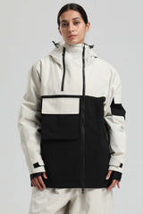 Women's White & Black Asym-Zip Utility Pocket Waterproof Snow Jacket