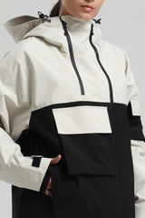 Women's White & Black Asym-Zip Utility Pocket Waterproof Snow Jacket