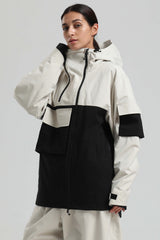 Women's White & Black Asym-Zip Utility Pocket Waterproof Snow Jacket