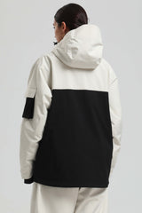 Women's White & Black Asym-Zip Utility Pocket Waterproof Snow Jacket