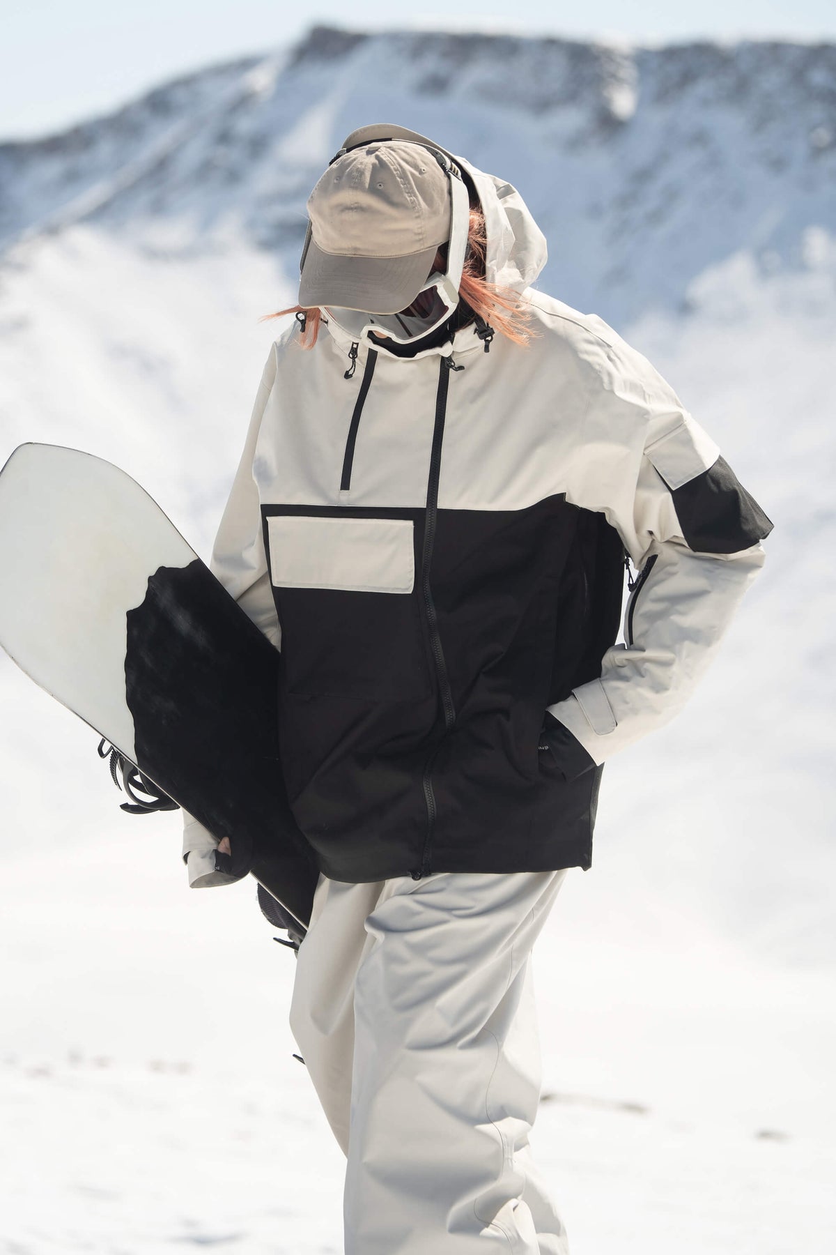 Women's White & Black Asym-Zip Utility Pocket Waterproof Snow Jacket