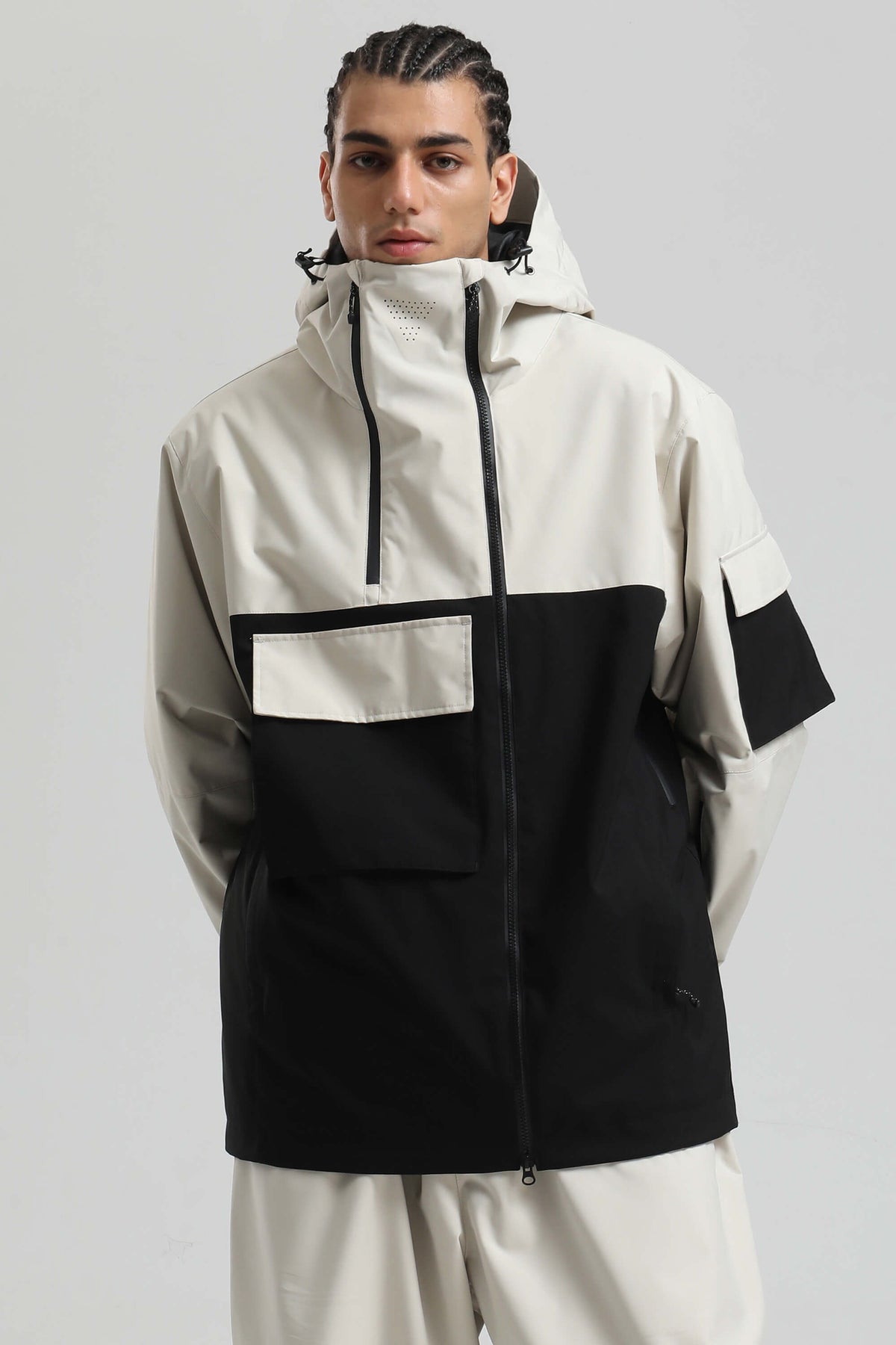 Men's White & Black Asym-Zip Utility Pocket Waterproof Snow Jacket