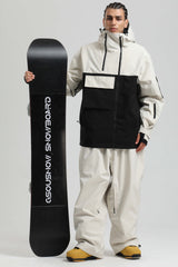 Men's White & Black Asym-Zip Utility Pocket Waterproof Snow Jacket