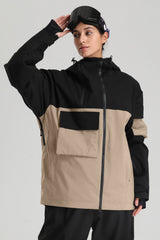 Women's Black & Khaki Asym-Zip Utility Pocket Waterproof Snow Jacket