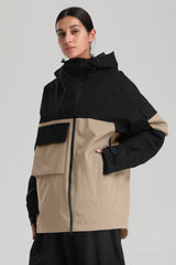 Women's Black & Khaki Asym-Zip Utility Pocket Waterproof Snow Jacket