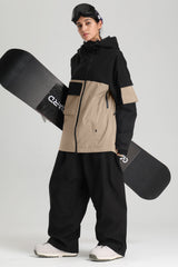 Women's Black & Khaki Asym-Zip Utility Pocket Waterproof Snow Jacket