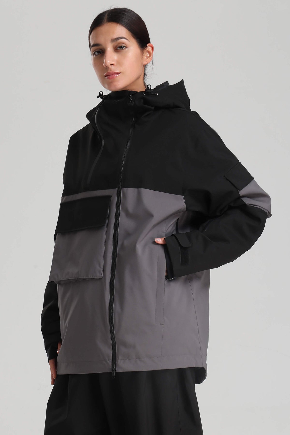 Women's Black & Grey Asym-Zip Utility Pocket Waterproof Snow Jacket