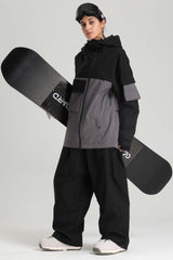 Women's Black & Grey Asym-Zip Utility Pocket Waterproof Snow Jacket