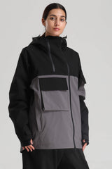 Women's Black & Grey Asym-Zip Utility Pocket Waterproof Snow Jacket