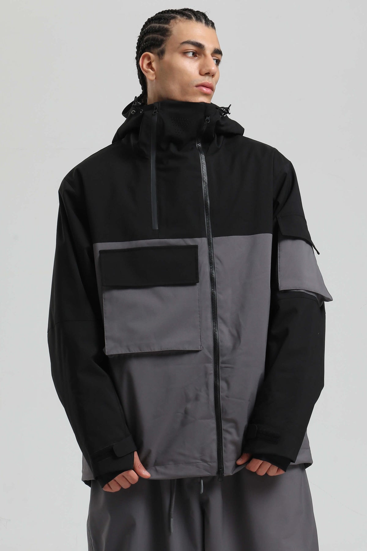 Men's Black & Grey Asym-Zip Utility Pocket Waterproof Snow Jacket