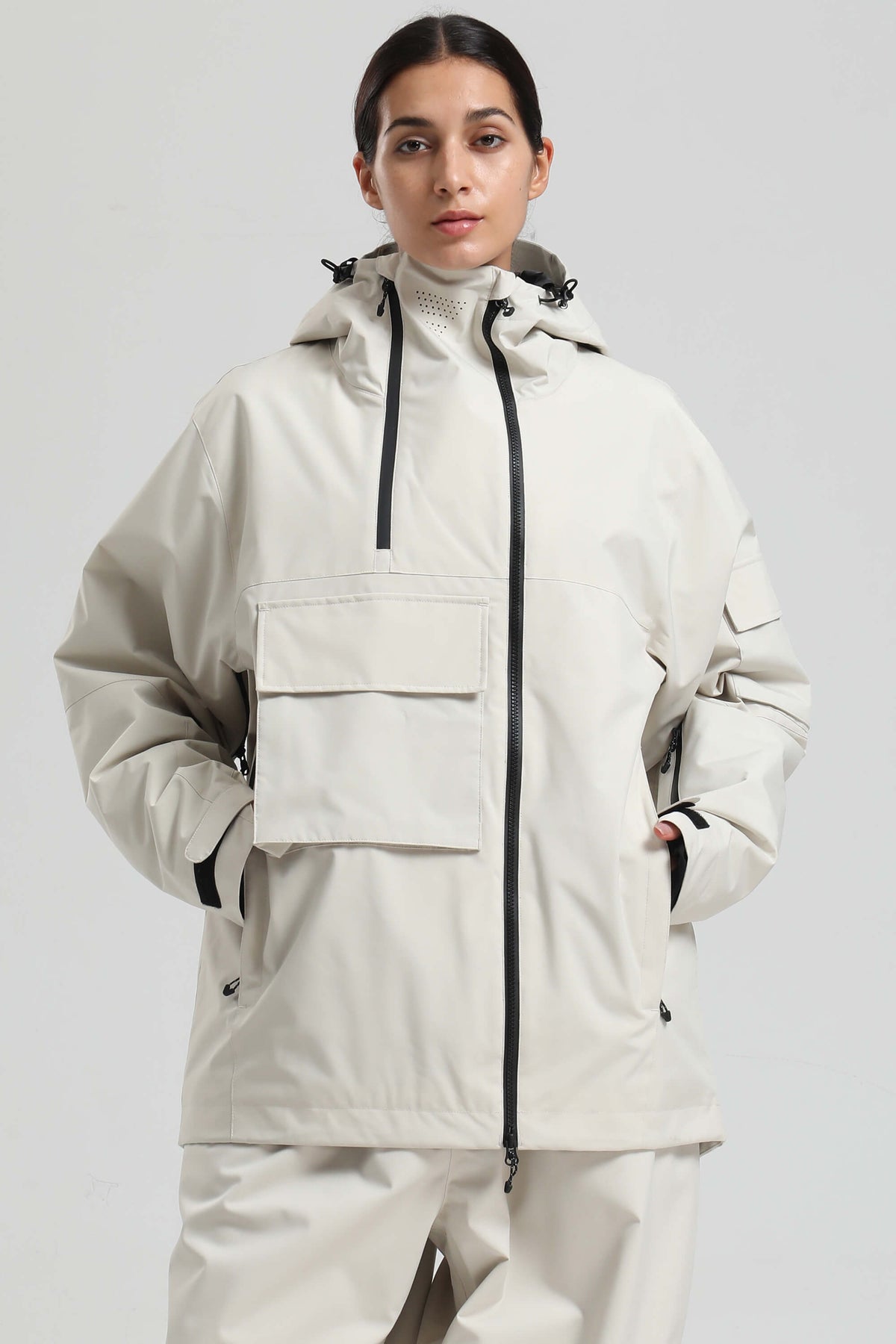 Women's Off White Asym-Zip Utility Pocket Waterproof Snow Jacket
