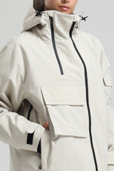 Women's Off White Asym-Zip Utility Pocket Waterproof Snow Jacket