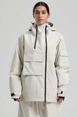 Women's Off White Asym-Zip Utility Pocket Waterproof Snow Jacket