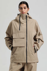 Women's Khaki & White Asym-Zip Utility Pocket Waterproof Snow Jacket