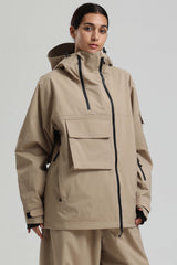 Women's Black & Khaki Asym-Zip Utility Pocket Waterproof Snow Jacket
