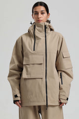 Women's Khaki Asym-Zip Utility Pocket Waterproof Snow Jacket
