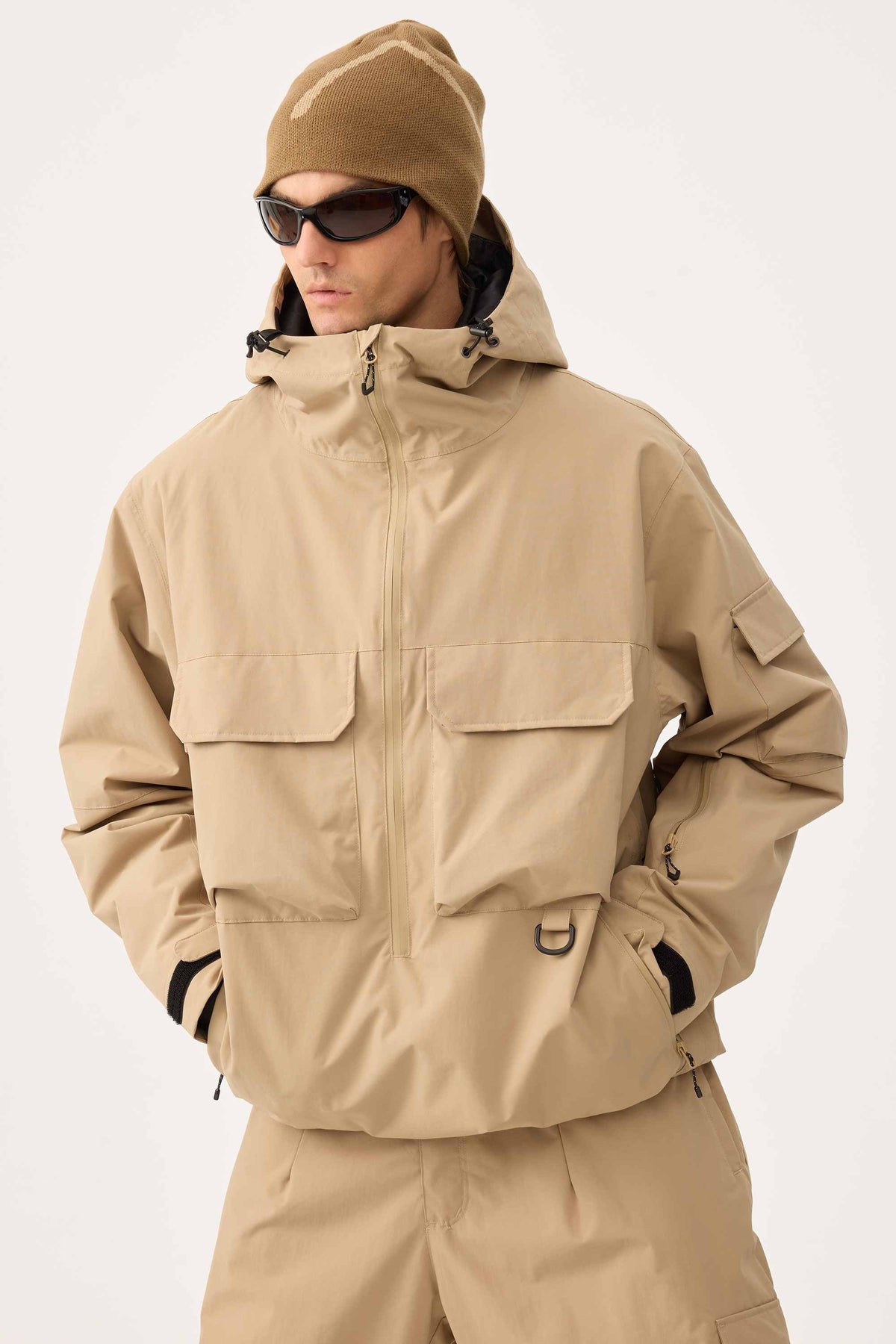 Men's Khaki Techwear Half-Zip Insulated Snow Anorak