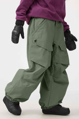 Women's Army Green Baggy Utility Wear-resistant Snow Pants