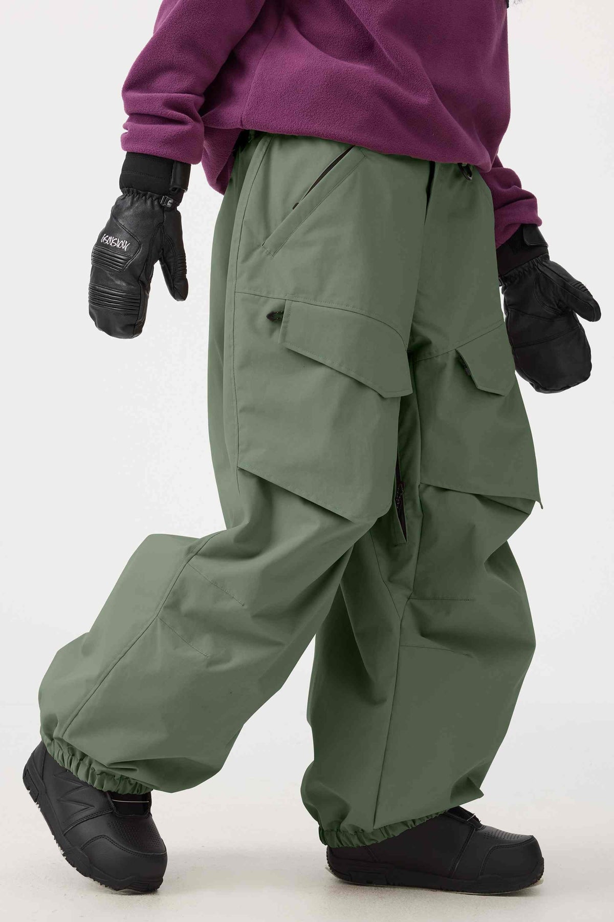Women's Army Green Baggy Utility Wear-resistant Snow Pants