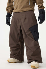 Men's Black Baggy Color-Blocked Cargo Pocket Snow Pants
