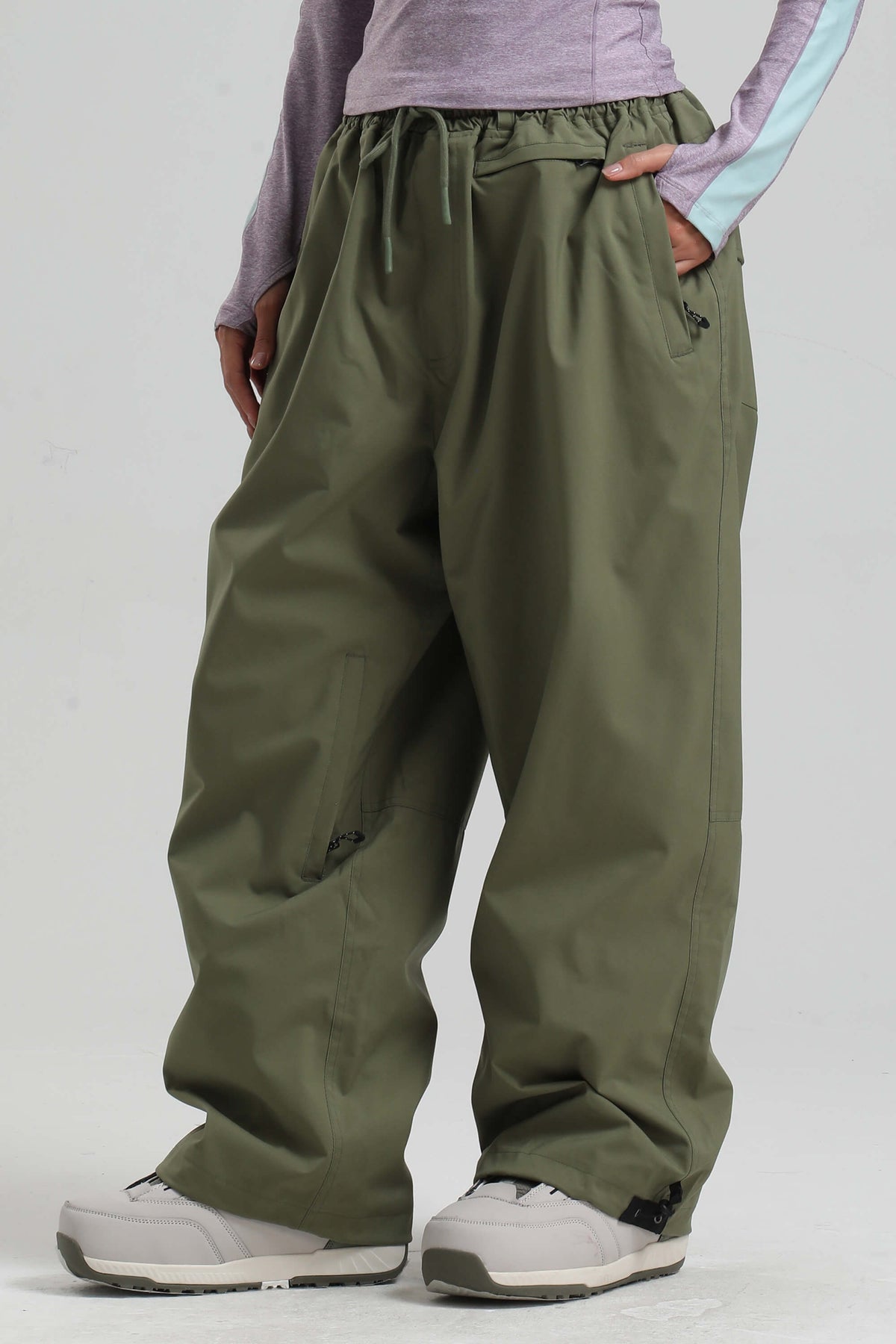 Women's Army Green Baggy Drawstring Durable Snow Pants