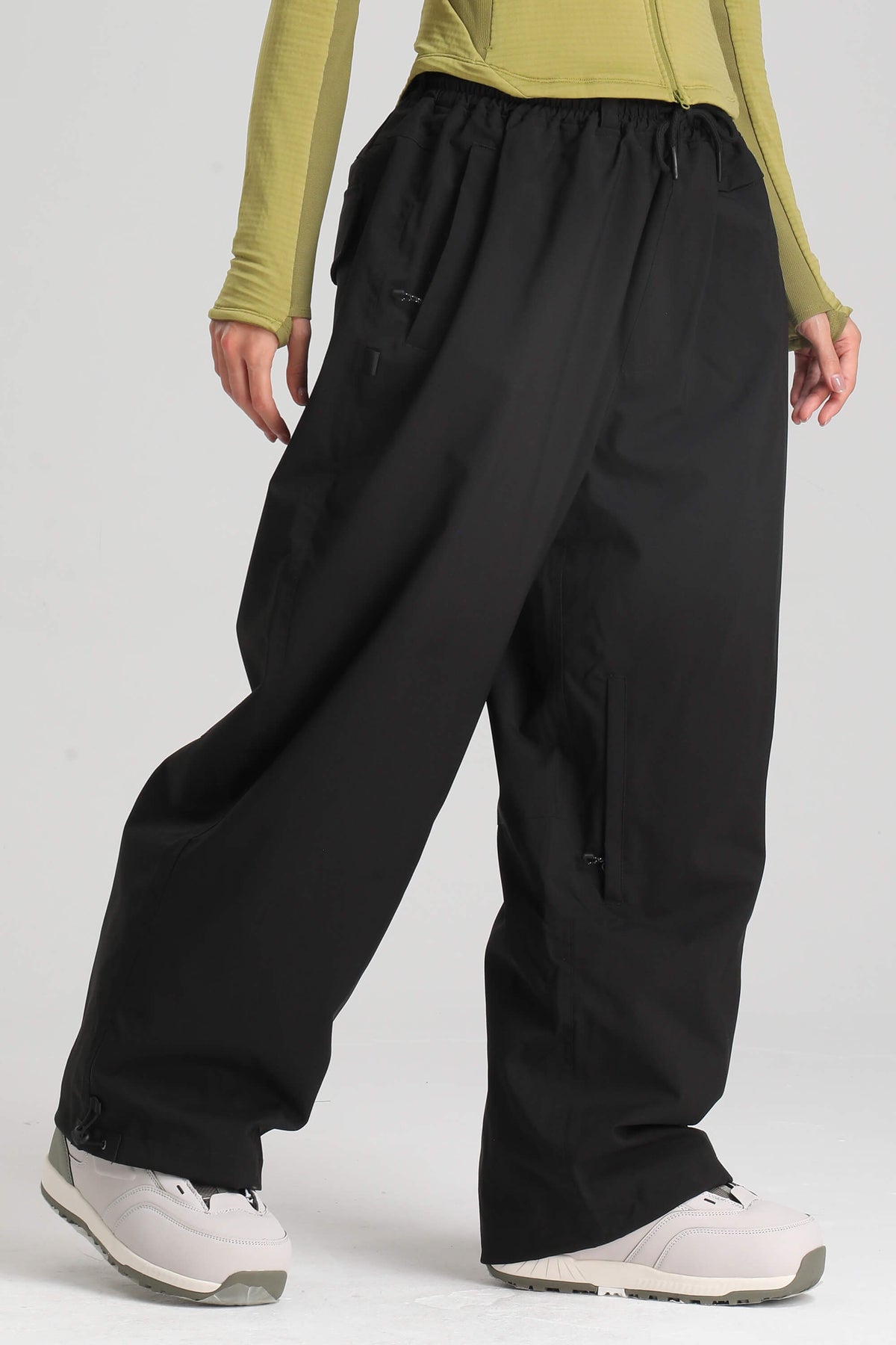 Women's Black Baggy Drawstring Durable Snow Pants